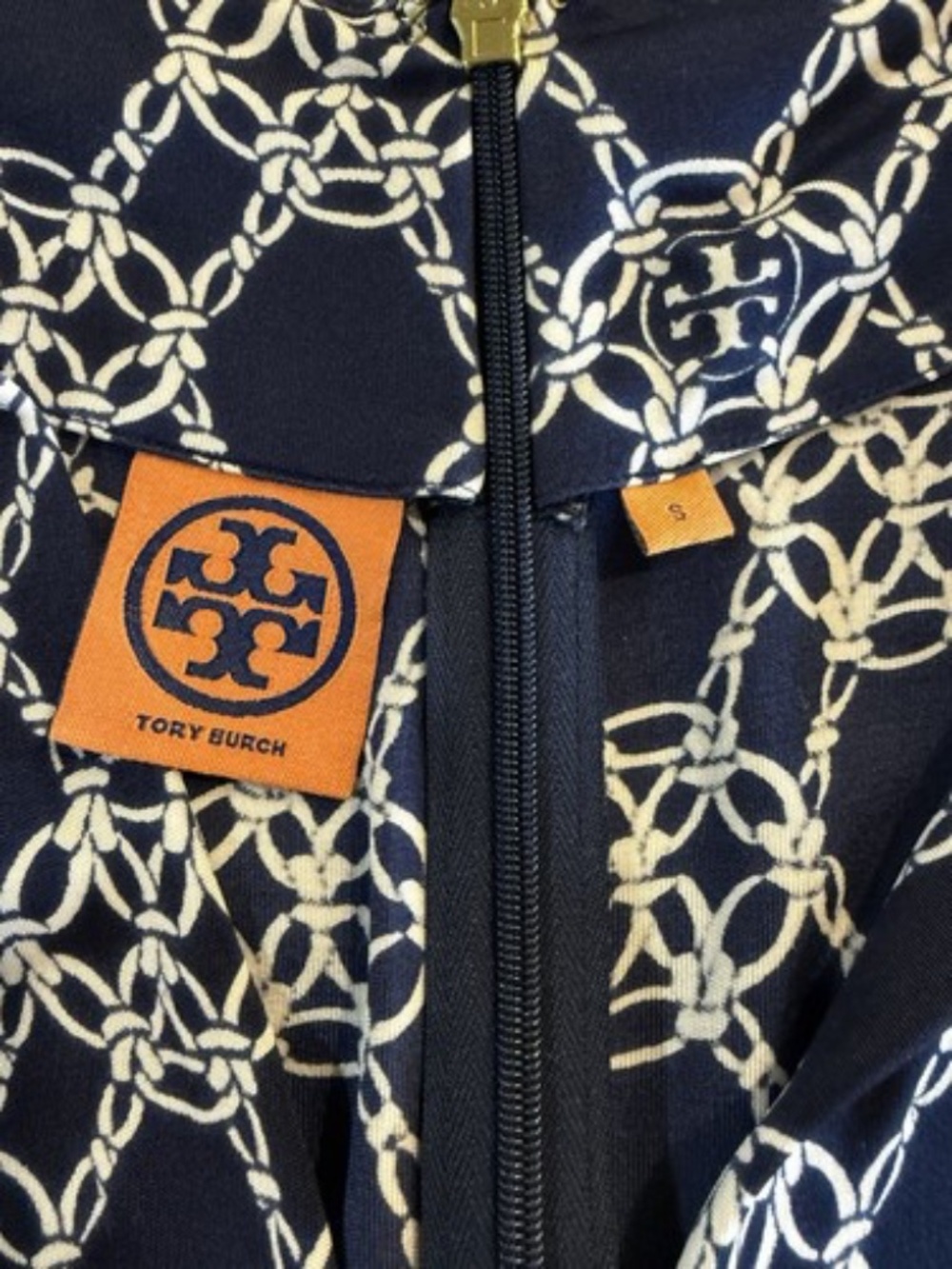 Tory Burch Womens Small Nicola Navy White Chain Print Silk Jersey Dress - Picture 6 of 10